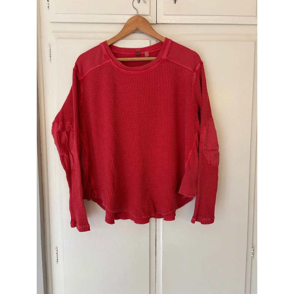 Free People FP One Rich Red Waffle Knit Thermal Mixed Media Top Long Sleeve XL
